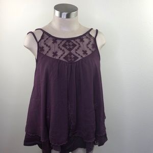 Free People Cute Dark Purple Layered Lace Tank Top